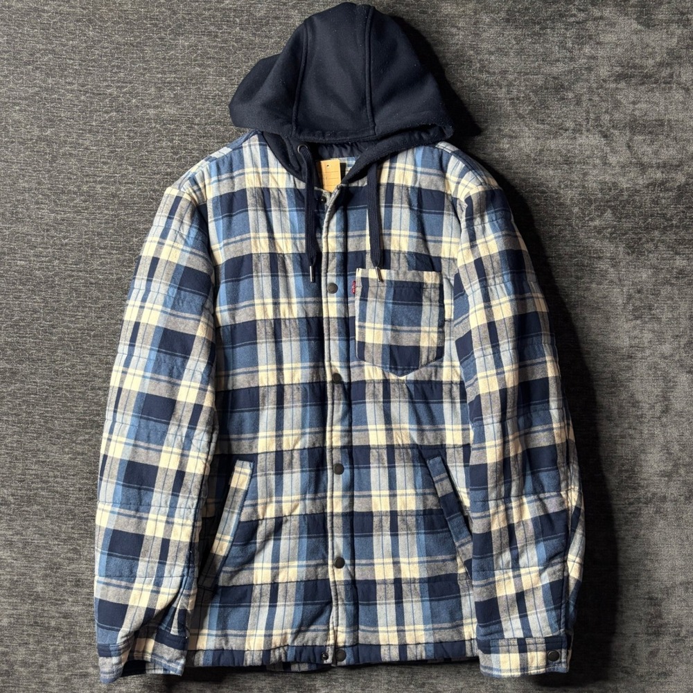 Levis Mens Blue Plaid Quilted Hooded Flannel Shirt Jacket Insulated Size Medium